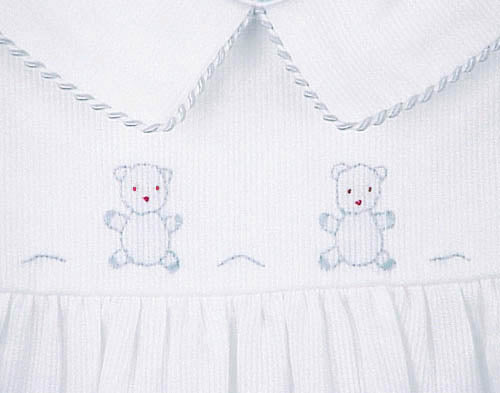 pique gown and bonnet with teddy bear embroidery