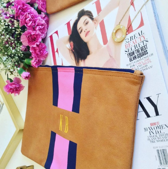 striped monogrammed leather flat clutch