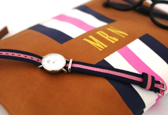 striped monogrammed leather flat clutch