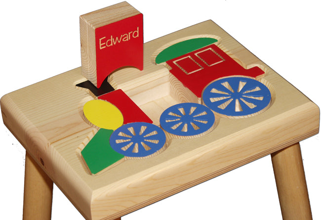 train puzzle stool with engraved name
