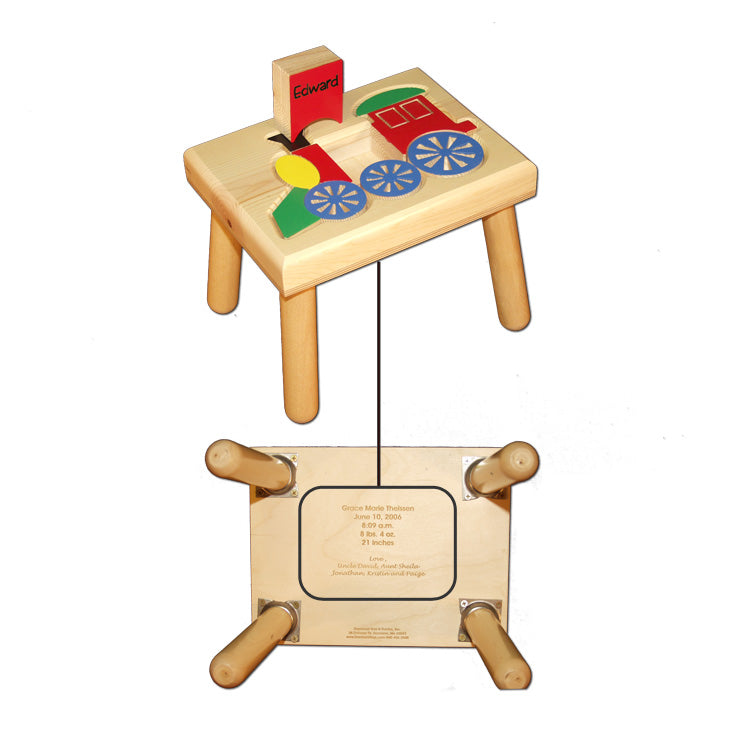 train puzzle stool with engraved name