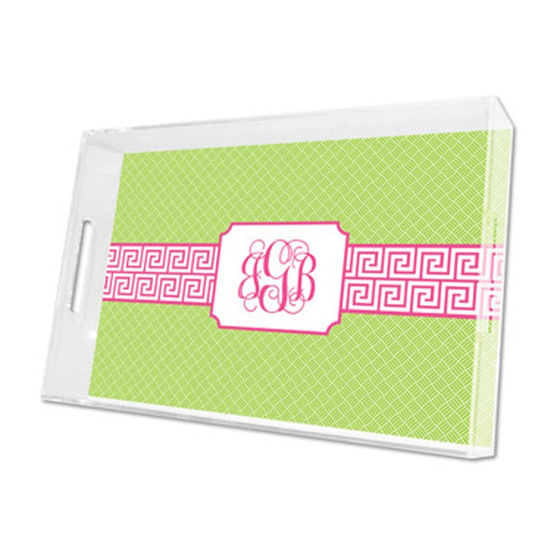 greek key band pink lucite tray - large