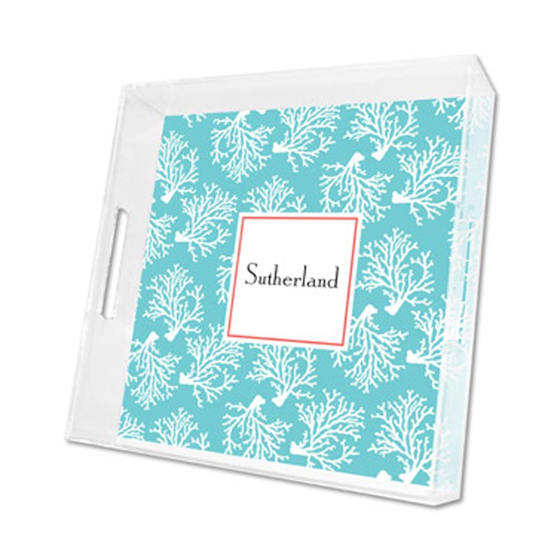 coral repeat teal lucite tray - square