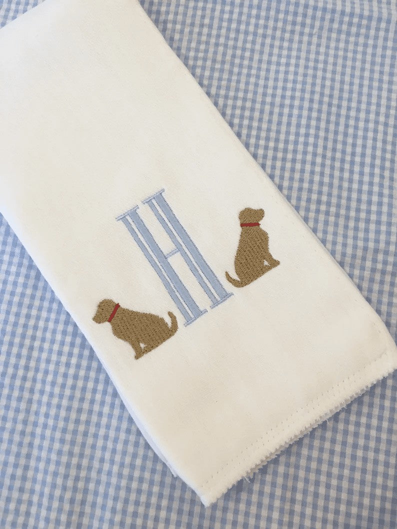 monogrammed puppy burp cloth and bib set