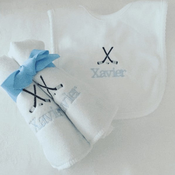 embroidered hockey bib and burp set