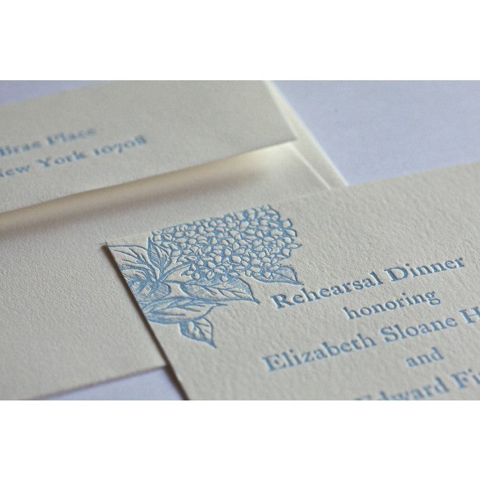 blue hydrangea rehearsal dinner invitation