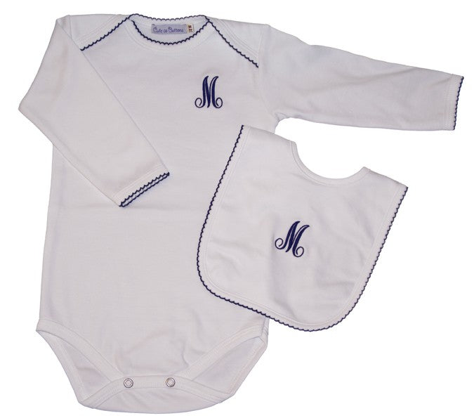 Personalized Long Sleeve Bodysuit with Picot Trim  (with optional Matching Bib)