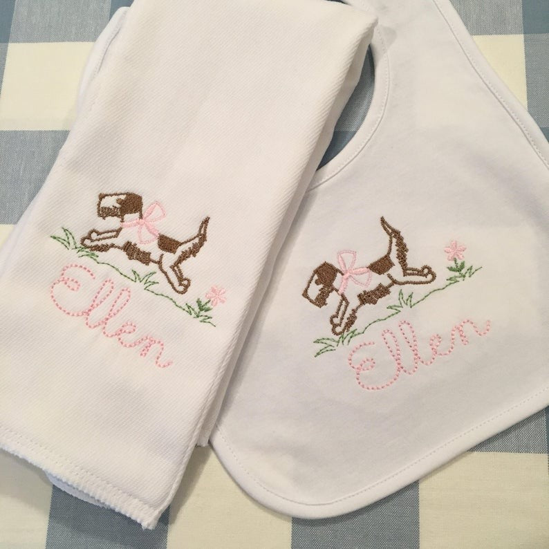 baby girl vintage puppy name burp cloth and bib set