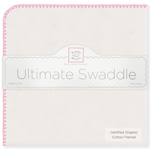 ultimate swaddling blanket by swaddle designs - white with pink trim