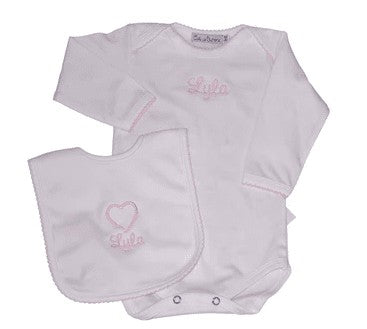Personalized Long Sleeve Bodysuit with Pink Picot Trim  (and Optional Matching Bib)