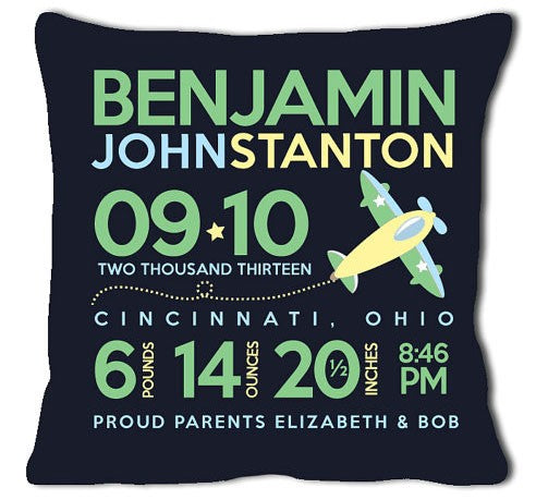 birth announcement new baby airplane pillow (dark)