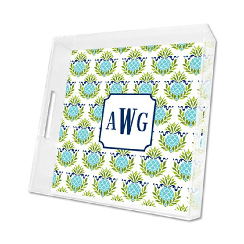 pineapple repeat teal lucite tray - square