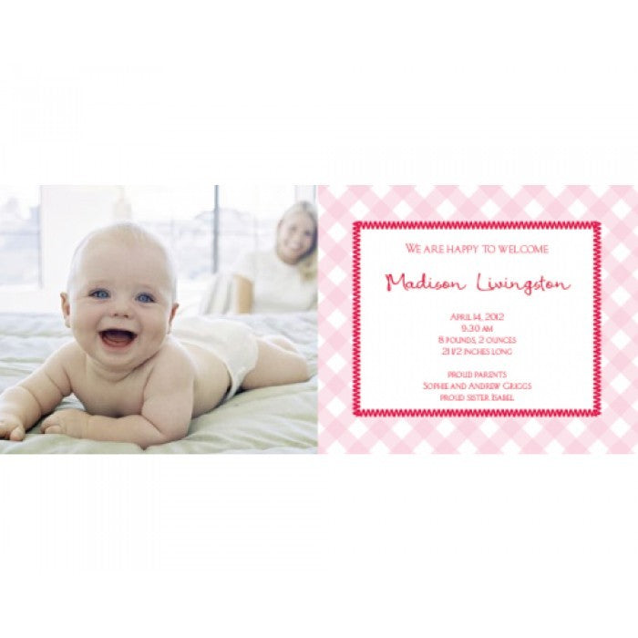 flat print baby announcement - gingham pink