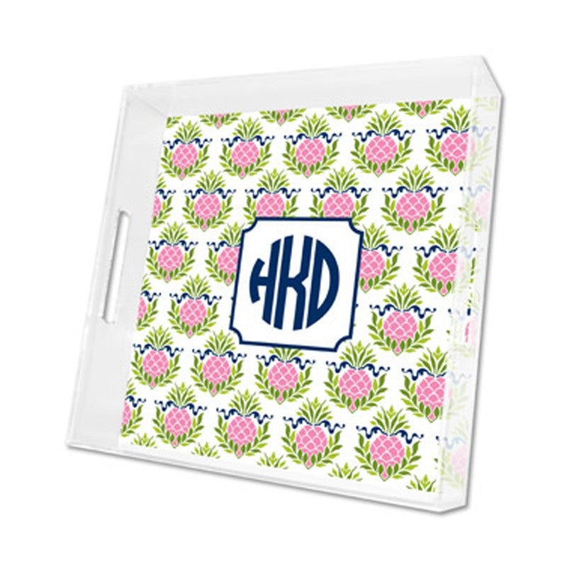 pineapple repeat pink lucite tray - square