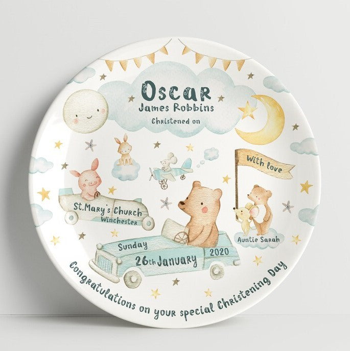 personalized baby plate - cars and bears