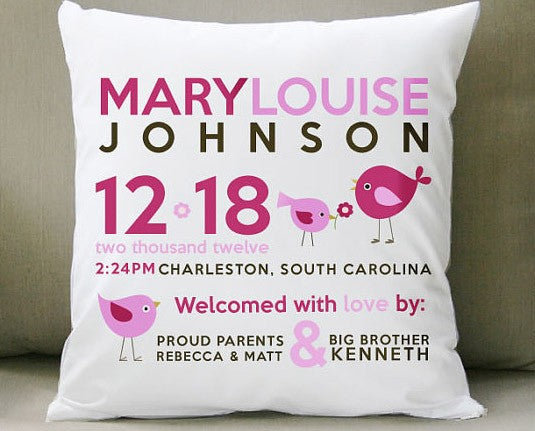 birth announcement new baby gift birdie pillow