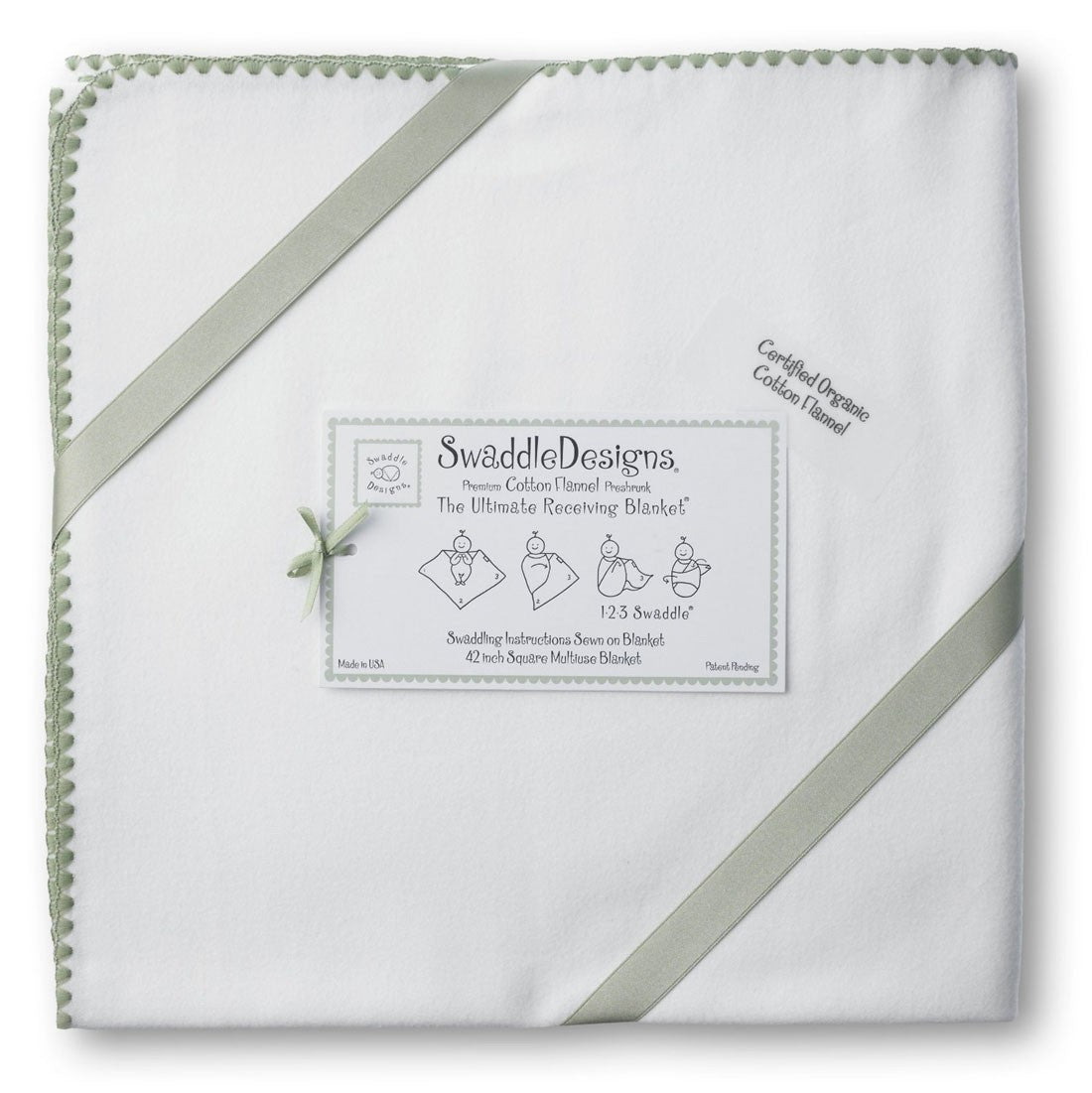 ultimate swaddling blanket by swaddle designs - organic white with sage trim