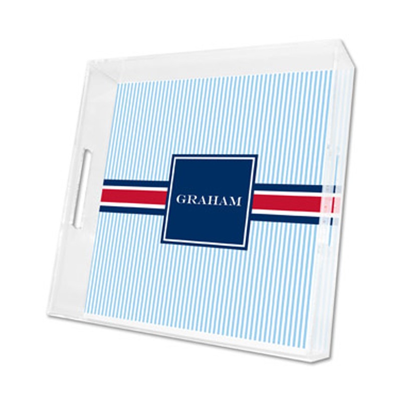 seersucker band red & navy lucite tray - square