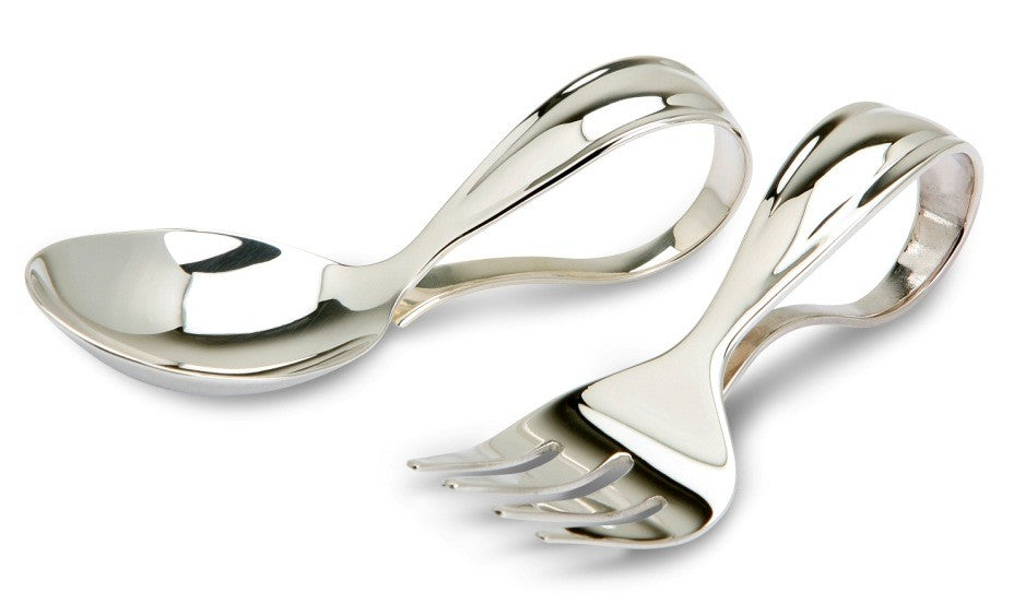 bent curved sterling silver personalized baby spoon & fork set