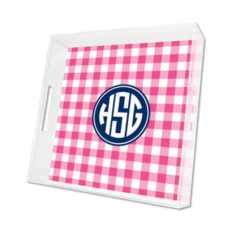 classic check raspberry lucite tray - square