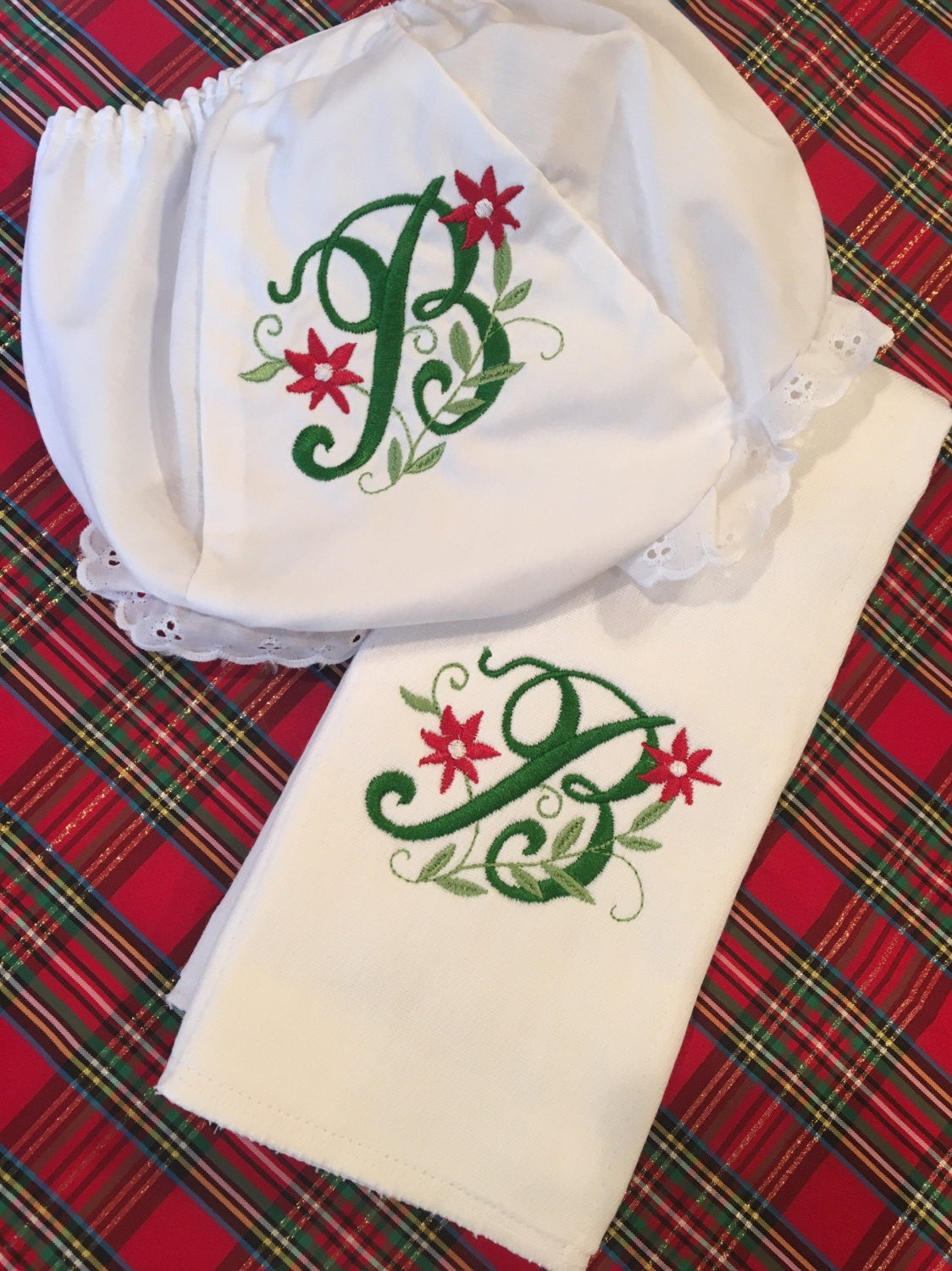 monogrammed embroidered holiday burp cloth and bloomer set