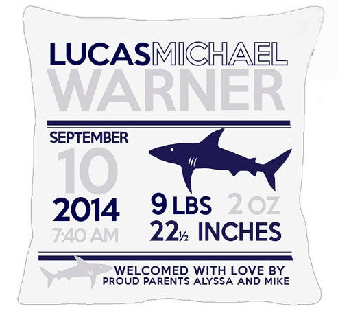 birth announcement new baby shark pillow (white)