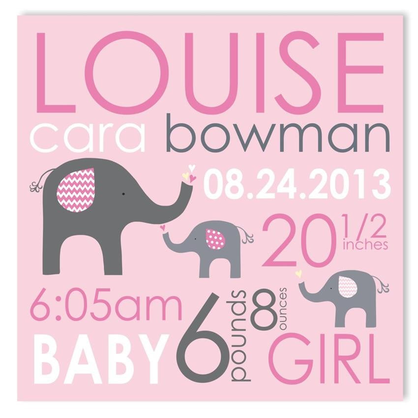 elephant love girl canvas birth announcement