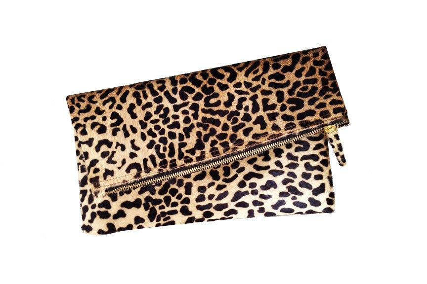 foldover lux printed leopard clutch