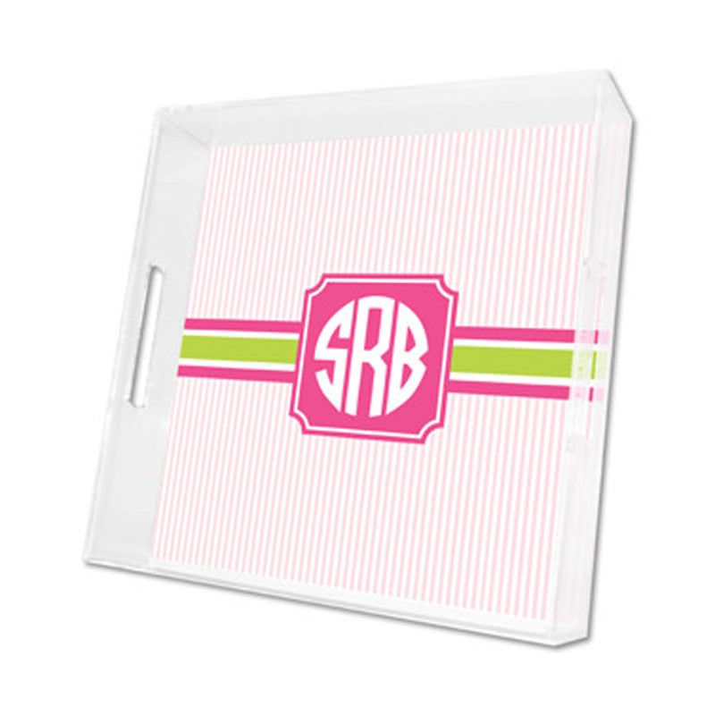seersucker band pink & green lucite tray - square