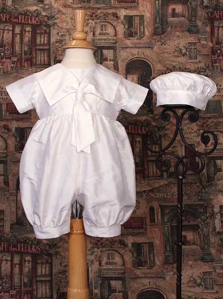 boys silk christening romper with sailor collar