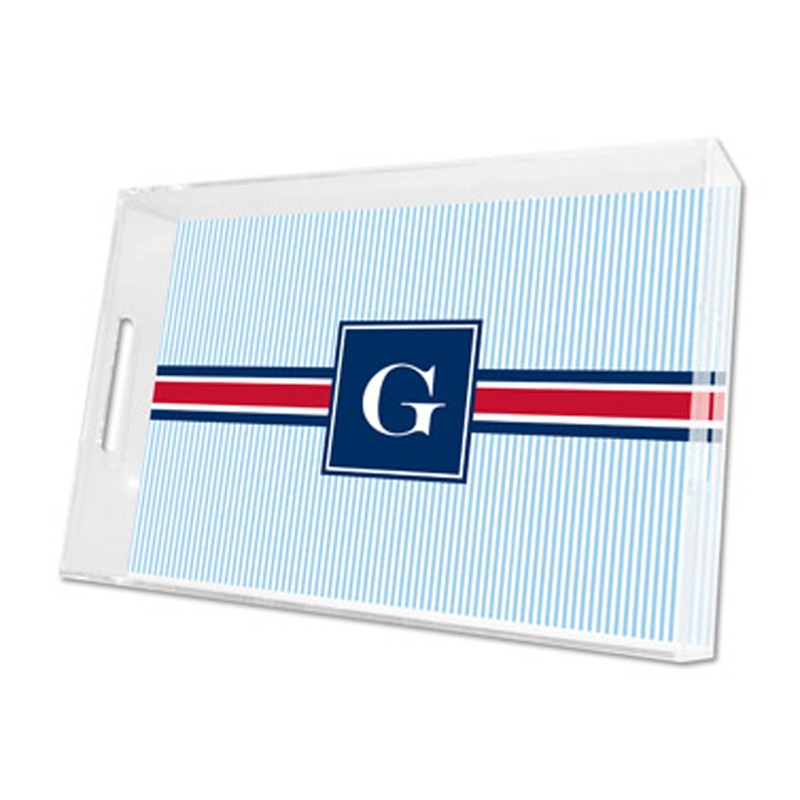 seersucker band red & navy lucite tray - large