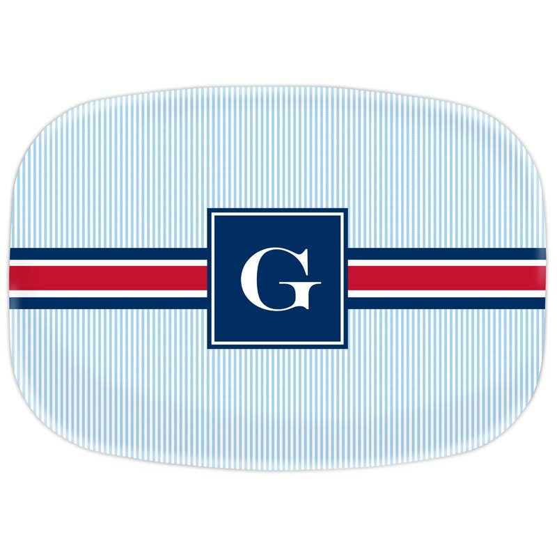 boatman geller seersucker band red & navy platter