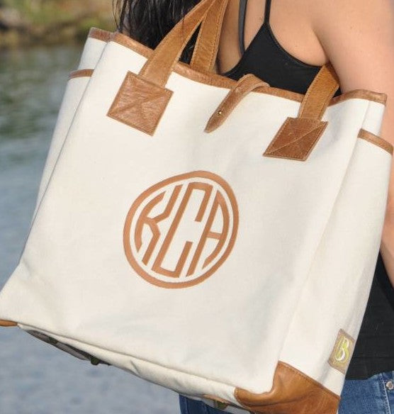 leather and canvas tote with monogram