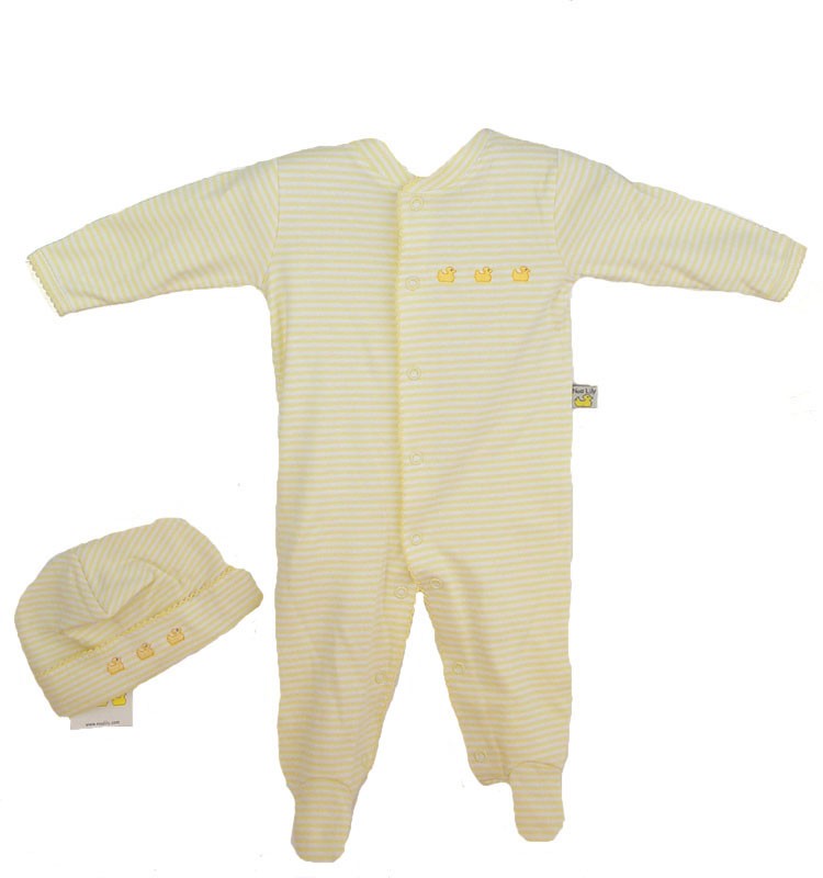 hat and romper set - yellow striped with ducks