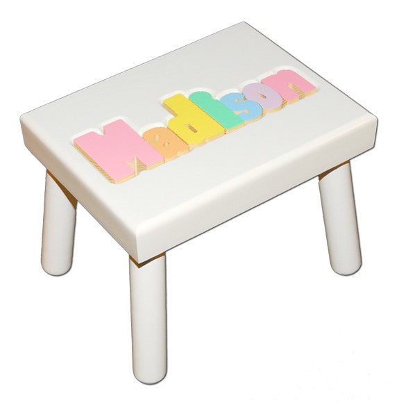 personalized name stool - white with pastel colors