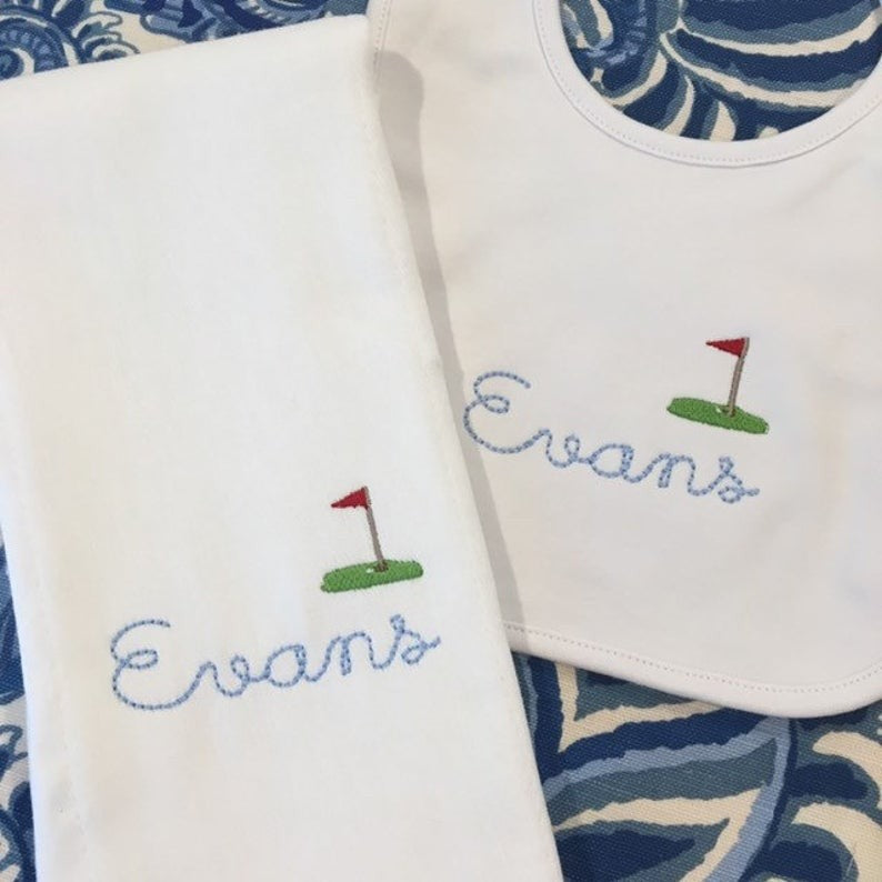 mnogrammed golf burp cloth and bib Set