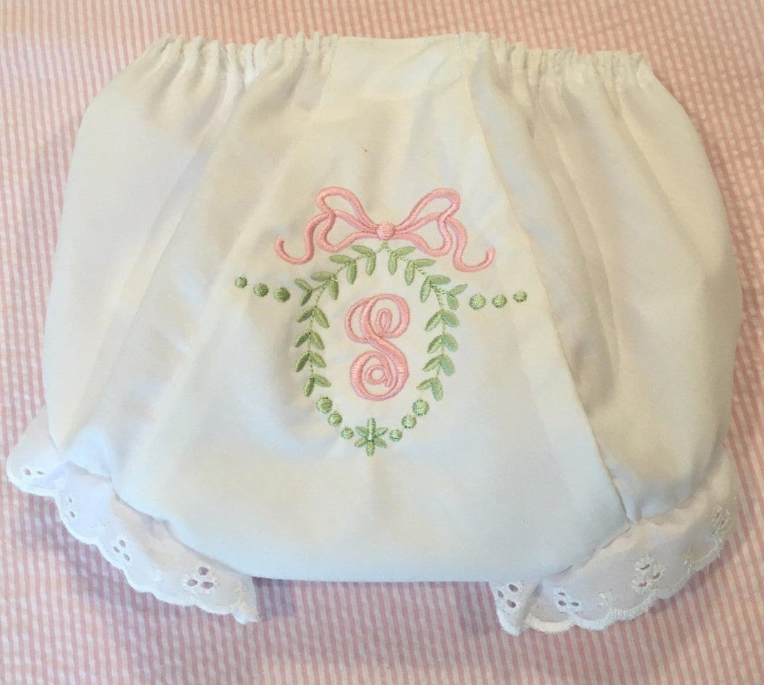 heirloom embroidered initial bow bloomer