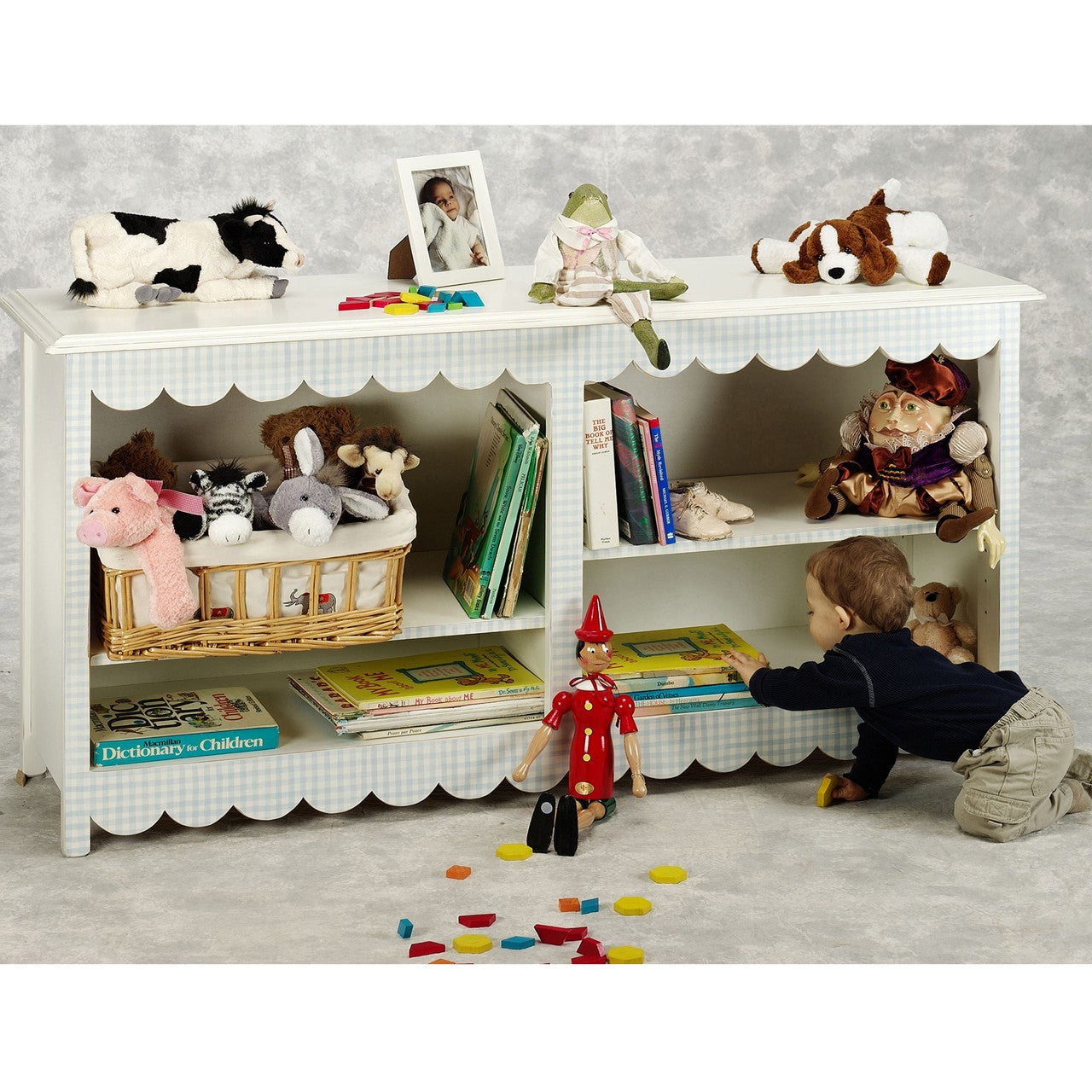 cottage bookcase - blue gingham