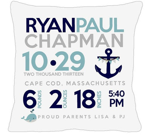 birth announcement new baby nautical pillow