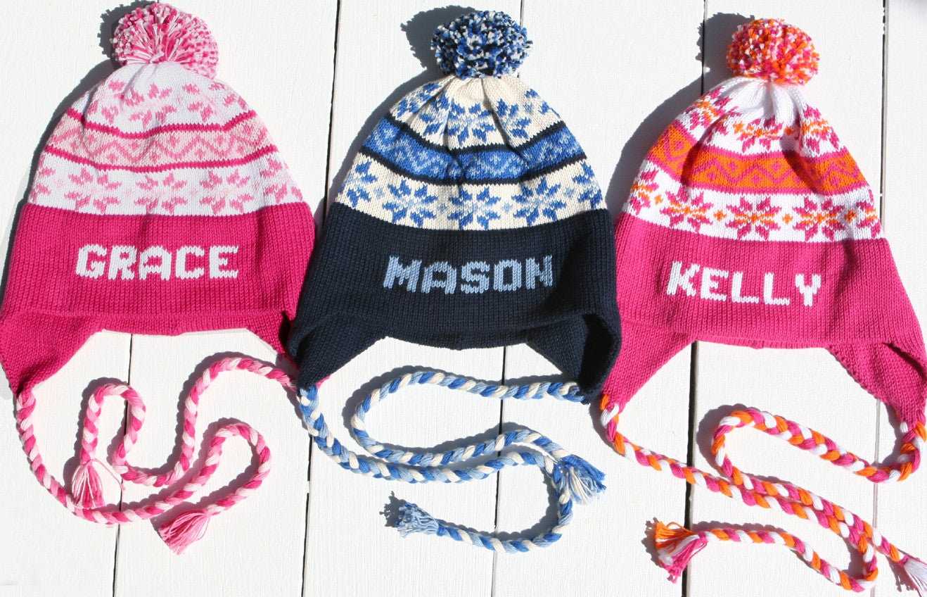 snowflake earflap hat with braided ties