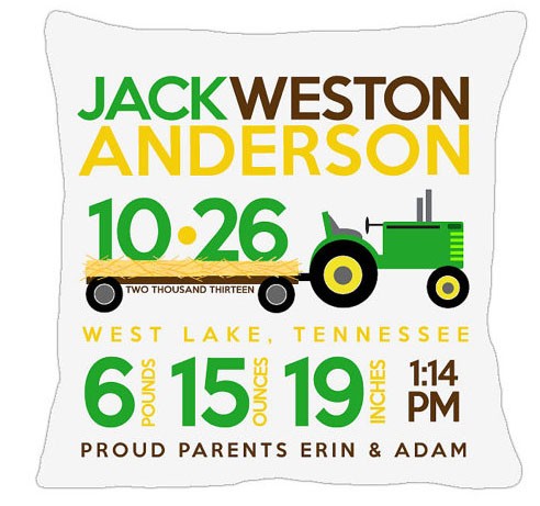 birth announcement new baby tractor pillow