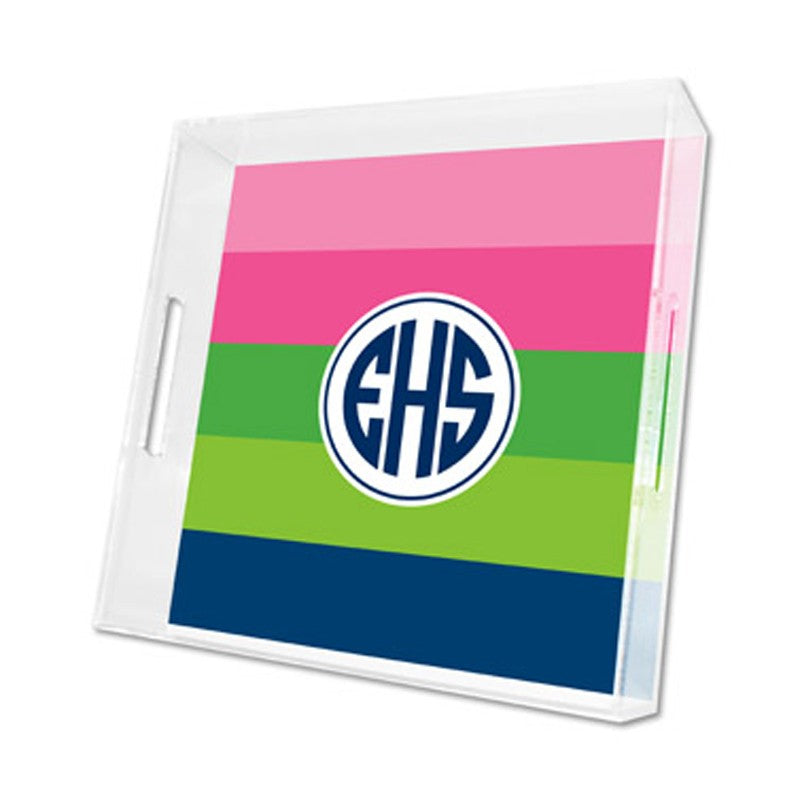 bold stripe pink, green & navy lucite tray - square