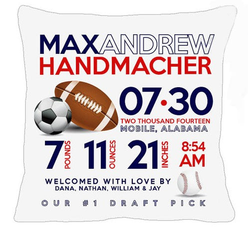 birth announcement new baby sports pillow