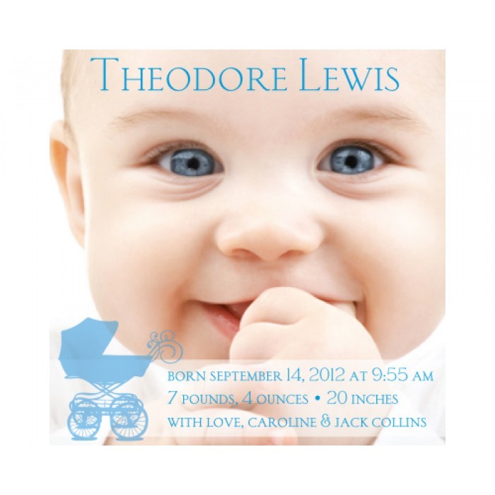 flat print baby announcement - baby buggy blue