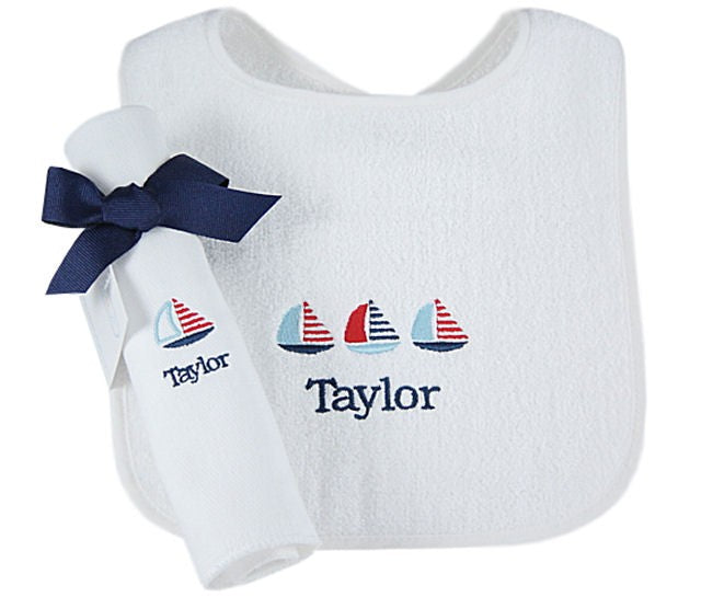 personalized bib and burp cloth - sailboats
