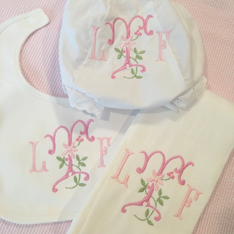 monogrammed bloomer, burp cloth and bib set with floral embroidery