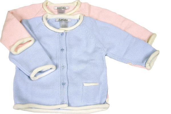 knit baby cardigan with contrast creme trim