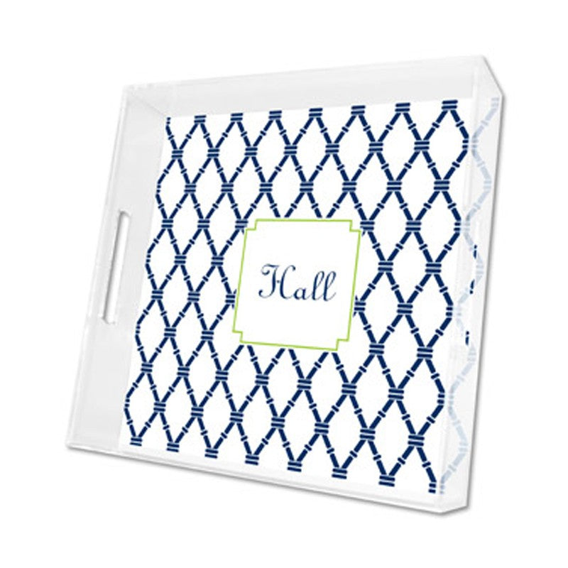 bamboo navy & green lucite tray - square