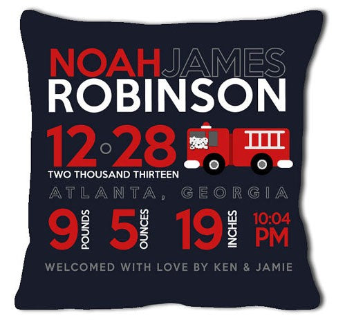 birth announcement new baby firetruck pillow (dark)