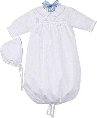 pique gown and bonnet with teddy bear embroidery